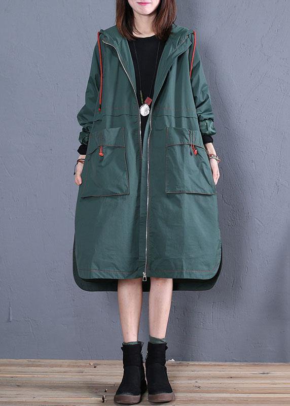 women oversized maxi coat fall green side open hooded Coats - bagstylebliss