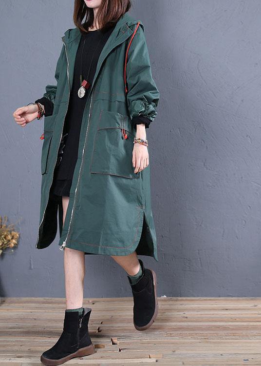 women oversized maxi coat fall green side open hooded Coats - bagstylebliss