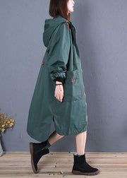 women oversized maxi coat fall green side open hooded Coats - bagstylebliss