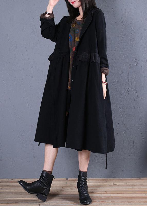 women oversized trench coat fall black hooded ruffles overcoat - bagstylebliss