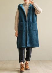 women oversized winter jacket sleeveless outwear blue hooded coat - bagstylebliss