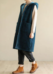 women oversized winter jacket sleeveless outwear blue hooded coat - bagstylebliss