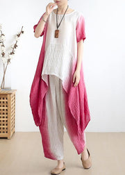 women pink o neck asymmetric tops +elastic waist wide leg pants - bagstylebliss