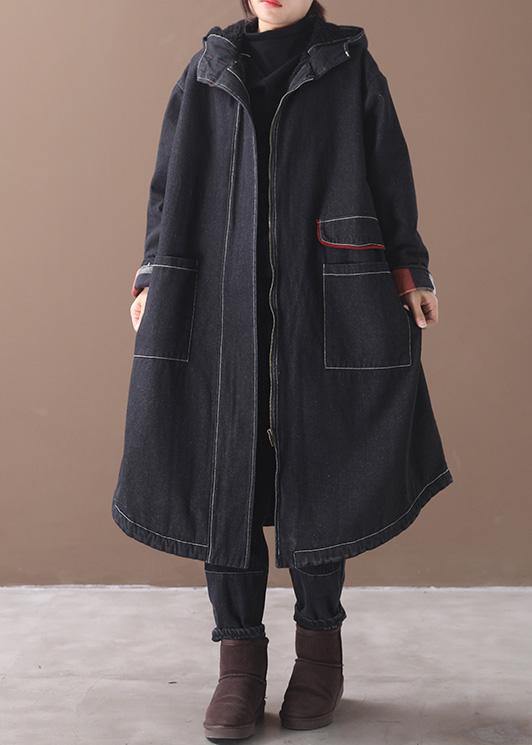 women plus size clothing Jackets & Coats hooded overcoat denim black two pockets Parkas for women - bagstylebliss