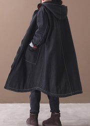 women plus size clothing Jackets & Coats hooded overcoat denim black two pockets Parkas for women - bagstylebliss