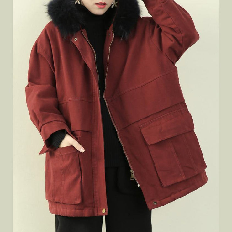 women plus size clothing winter jacket outwear red hooded faux fur collar overcoat - bagstylebliss