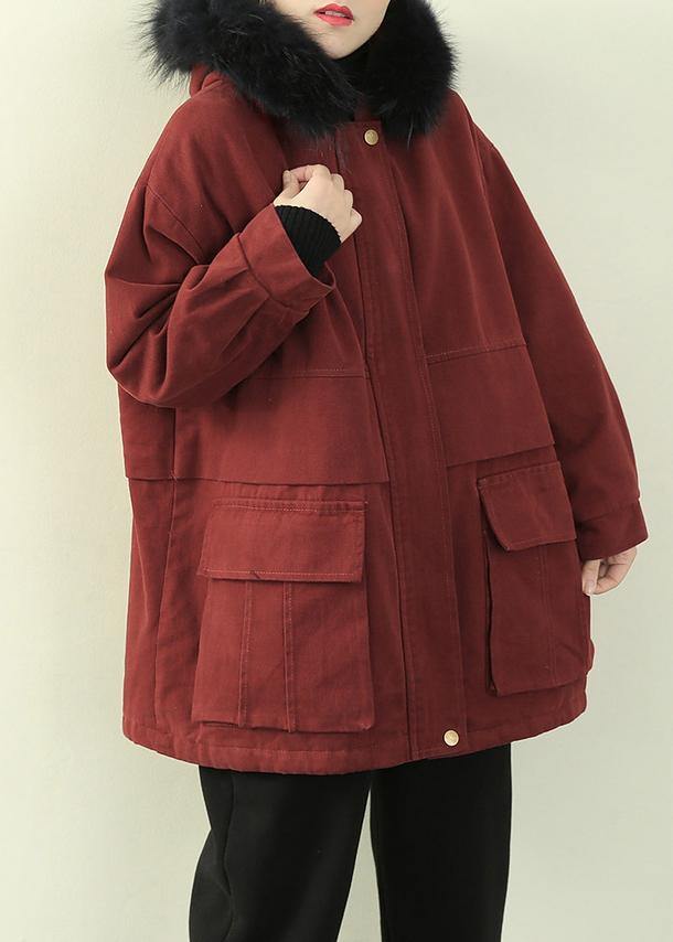 women plus size clothing winter jacket outwear red hooded faux fur collar overcoat - bagstylebliss