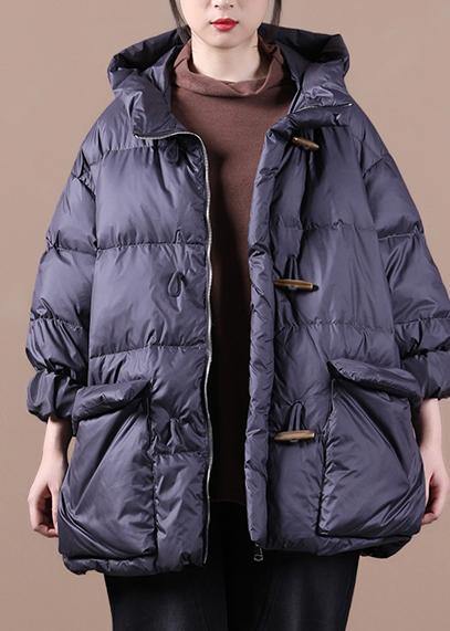 women plus size down jacket black hooded pockets goose Down coat - bagstylebliss