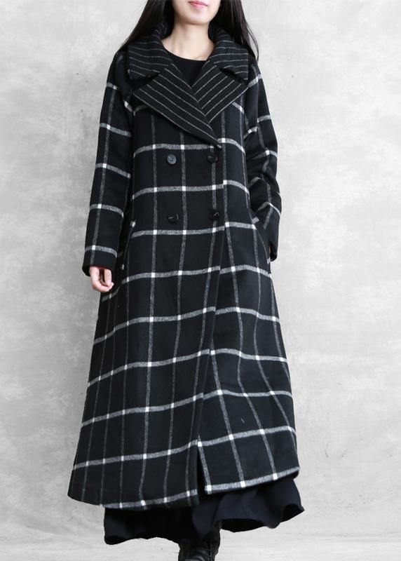 women plus size long coats woolen outwear black plaid Notched tie waist woolen overcoat - bagstylebliss