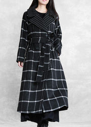 women plus size long coats woolen outwear black plaid Notched tie waist woolen overcoat - bagstylebliss