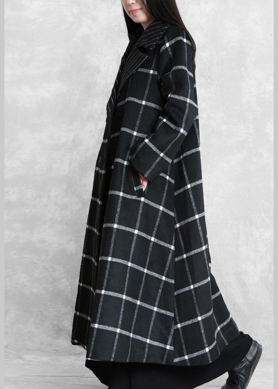 women plus size long coats woolen outwear black plaid Notched tie waist woolen overcoat - bagstylebliss