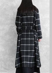 women plus size long coats woolen outwear black plaid Notched tie waist woolen overcoat - bagstylebliss