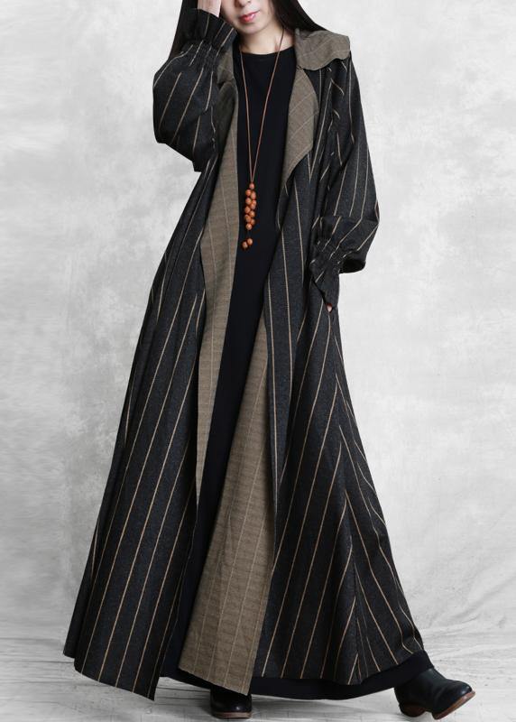 women plus size trench coat dark gray striped Notched pockets wool coat for woman - bagstylebliss
