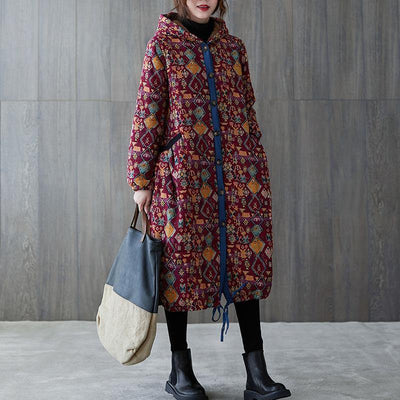 women plus size warm winter coat winter coats burgundy print hooded pockets coat - bagstylebliss