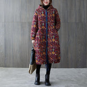 women plus size warm winter coat winter coats burgundy print hooded pockets coat - bagstylebliss