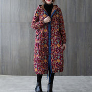 women plus size warm winter coat winter coats burgundy print hooded pockets coat - bagstylebliss