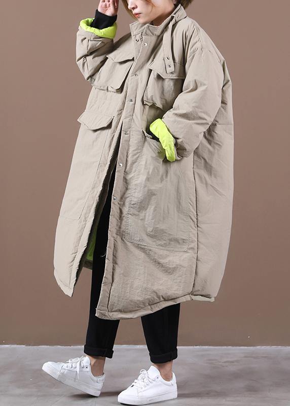 women plus size winter jacket pockets khaki stand collar asymmetric warm winter coat - bagstylebliss