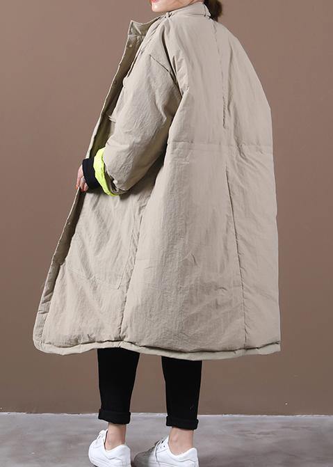 women plus size winter jacket pockets khaki stand collar asymmetric warm winter coat - bagstylebliss