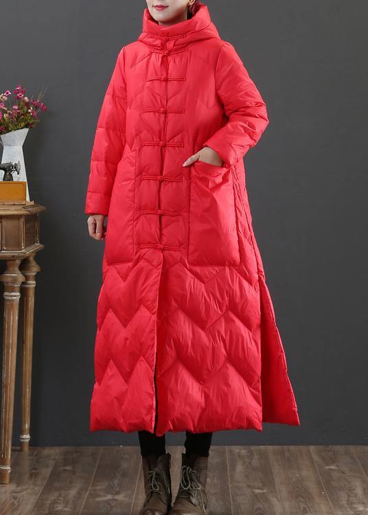 women plus size winter outwear red hooded Chinese Button duck down coat - bagstylebliss