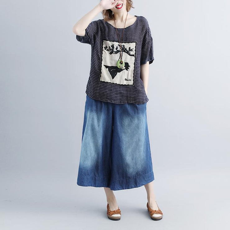 women pure linen tops oversized Casual Stripe Short Sleeve Embroidery High-low Hem Tops