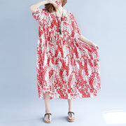 women red linen maxi dress oversize short sleeve print long cotton dresses fine o neck traveling clothing