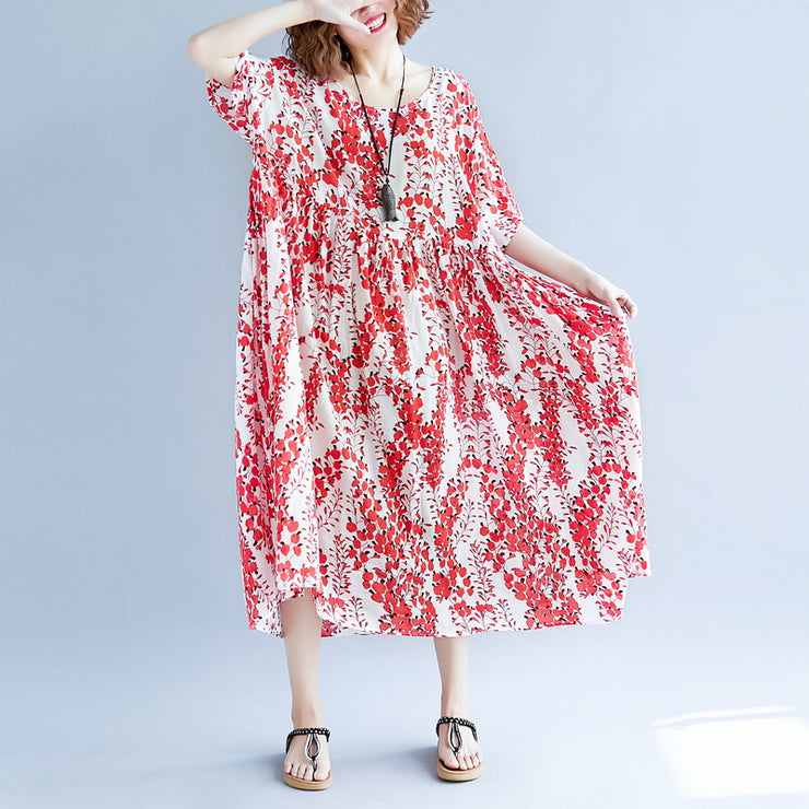 women red linen maxi dress oversize short sleeve print long cotton dresses fine o neck traveling clothing