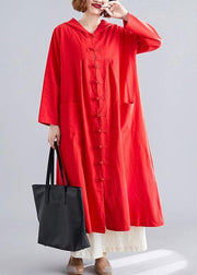 women red overcoat plus size hooded coats pockets Chinese Button coats - bagstylebliss