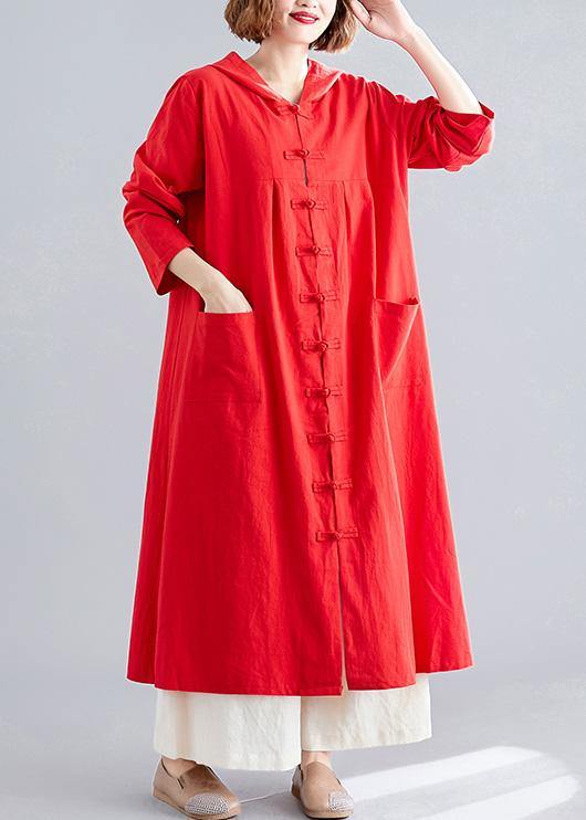 women red overcoat plus size hooded coats pockets Chinese Button coats - bagstylebliss