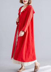 women red overcoat plus size hooded coats pockets Chinese Button coats - bagstylebliss