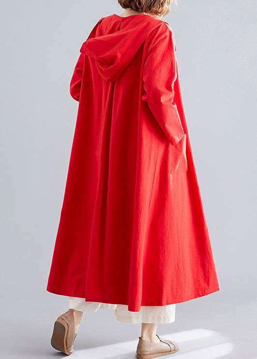 women red overcoat plus size hooded coats pockets Chinese Button coats - bagstylebliss