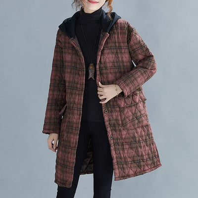 women red plaid coat plus size Coats hooded pockets overcoat - bagstylebliss