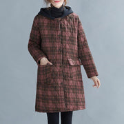 women red plaid coat plus size Coats hooded pockets overcoat - bagstylebliss