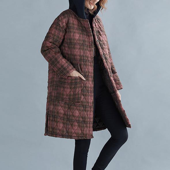 women red plaid coat plus size Coats hooded pockets overcoat - bagstylebliss