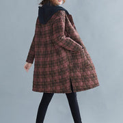 women red plaid coat plus size Coats hooded pockets overcoat - bagstylebliss