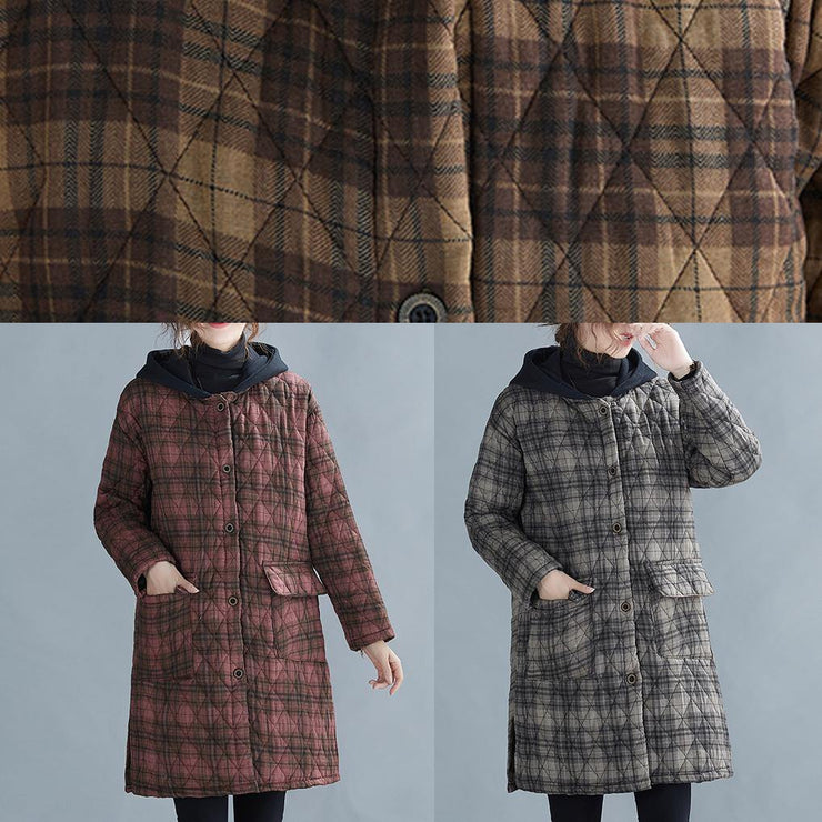 women red plaid coat plus size Coats hooded pockets overcoat - bagstylebliss