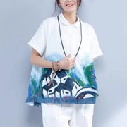 women summer linen tops Loose fitting Printing linen Loose Pocket White Blouse