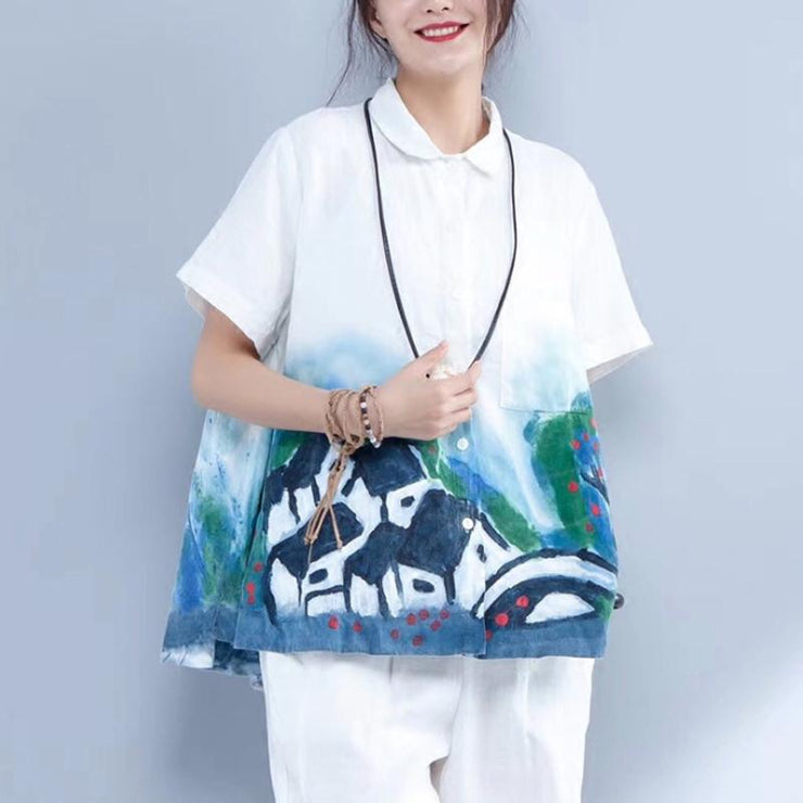 women summer linen tops Loose fitting Printing linen Loose Pocket White Blouse