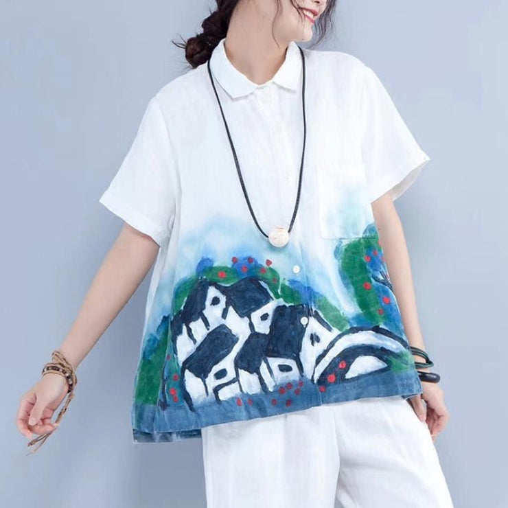 women summer linen tops Loose fitting Printing linen Loose Pocket White Blouse