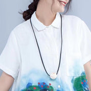 women summer linen tops Loose fitting Printing linen Loose Pocket White Blouse