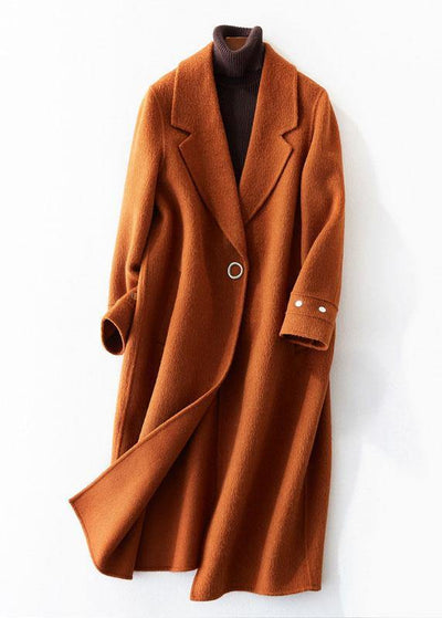 women trendy plus size medium length jackets coat brown lapel collar Woolen Coats - bagstylebliss
