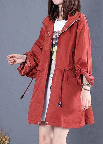 women trendy plus size mid-length coats fall red drawstring Coats - bagstylebliss