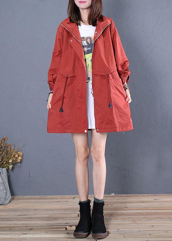 women trendy plus size mid-length coats fall red drawstring Coats - bagstylebliss