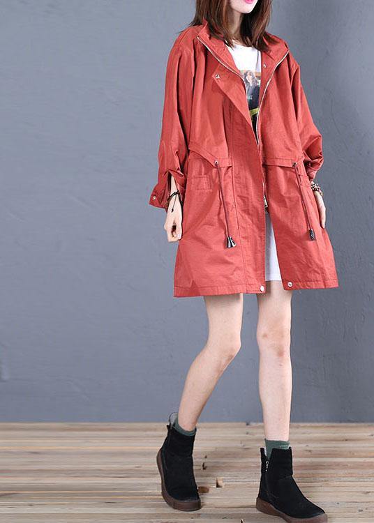 women trendy plus size mid-length coats fall red drawstring Coats - bagstylebliss