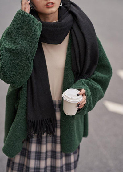women trendy plus size winter coat woolen outwear green v neck pockets outwear - bagstylebliss