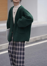 women trendy plus size winter coat woolen outwear green v neck pockets outwear - bagstylebliss