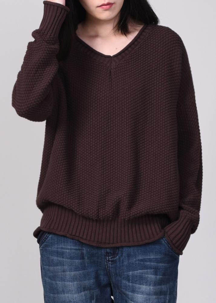 women v neck sweater oversize solid color sweaters chocolate - bagstylebliss