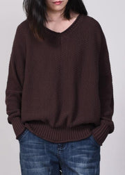 women v neck sweater oversize solid color sweaters chocolate - bagstylebliss