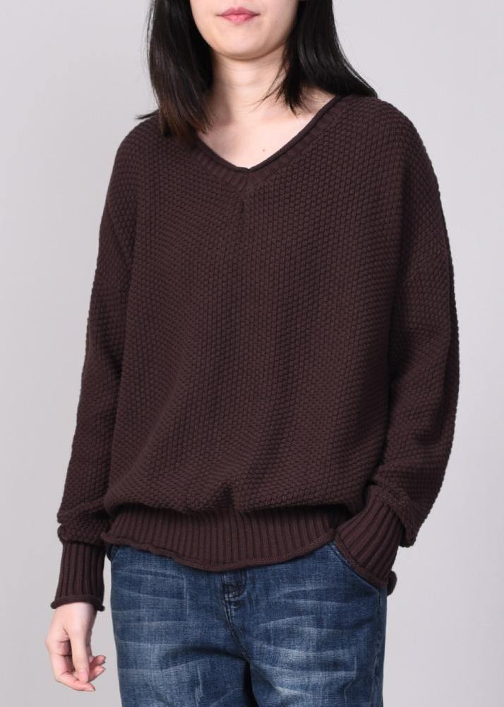 women v neck sweater oversize solid color sweaters chocolate - bagstylebliss