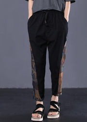 women vintage side prints cotton loose trousers black elastic waist casual pants - bagstylebliss