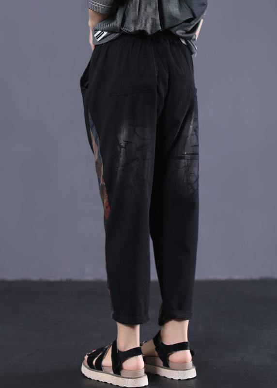 women vintage side prints cotton loose trousers black elastic waist casual pants - bagstylebliss